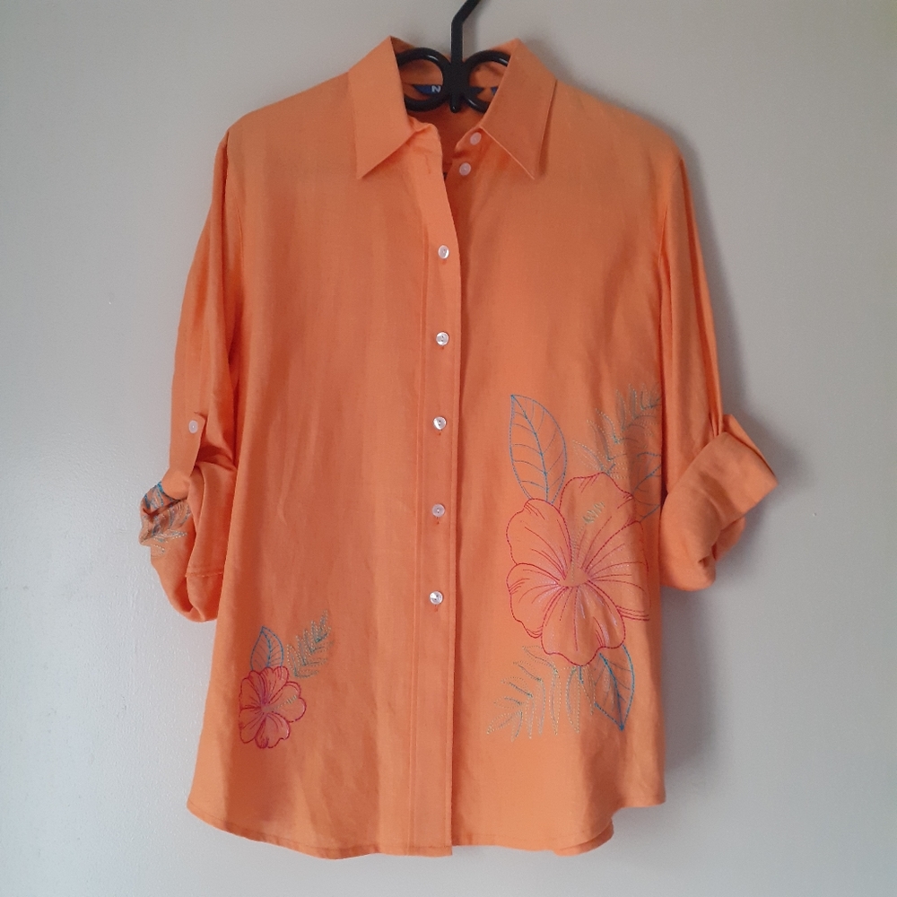 BREATHABLE gauze Lightweight Floral embroidery tab Sleeve button shirt 6 orange